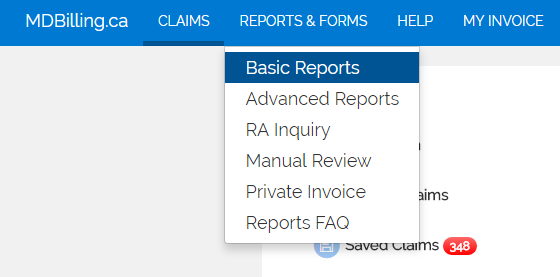 Basic billing reports menu