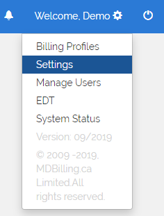 MDBilling.ca settings menu